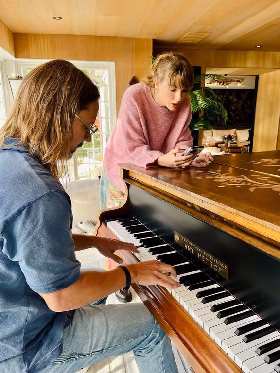 Taylor Swift, Max Martin, and Shellback writing at piano